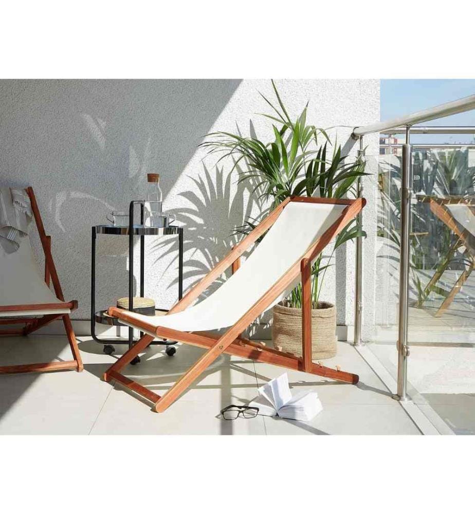 Chilienne en Bois Acacia Foncé Transat Réglable et Pliant avec 2 Tissus de Remplacement Blanc Cassé Motif Tendance Hamac Bain de soleil