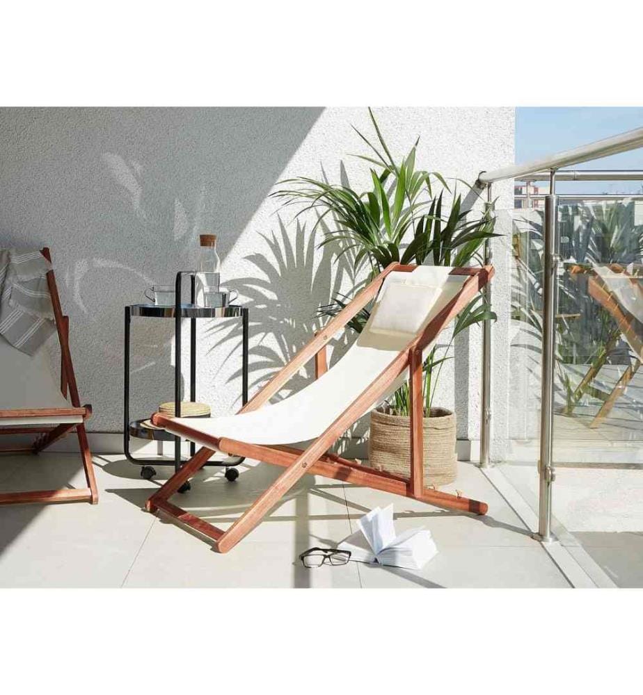 Transat en Bois Acacia Foncé Chilienne Réglable et Pliant avec 2 Tissus de Remplacement Blanc Cassé Motif Tendance Hamac Bain de soleil
