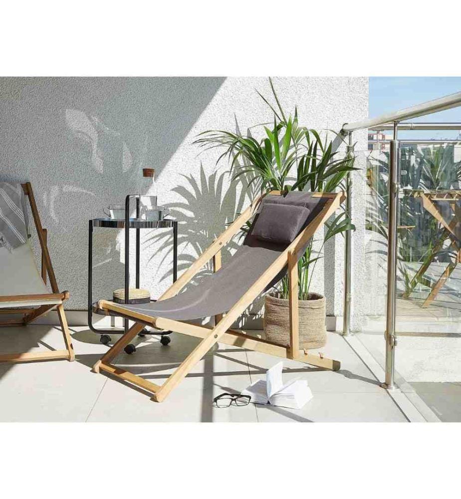 2 Transats en Bois Acacia Clair Chiliennes Réglables et Pliantes avec 2 Tissus de Remplacement Gris Motif Tendance Hamac Bain de soleil