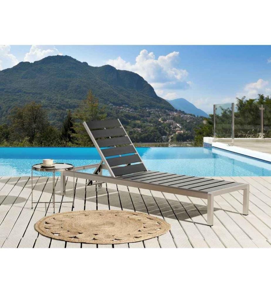 Chaise Longue d'Extérieur Noir et Argenté en Bois Synthétique avec Structure Aluminium Dossier inclinable Réglable