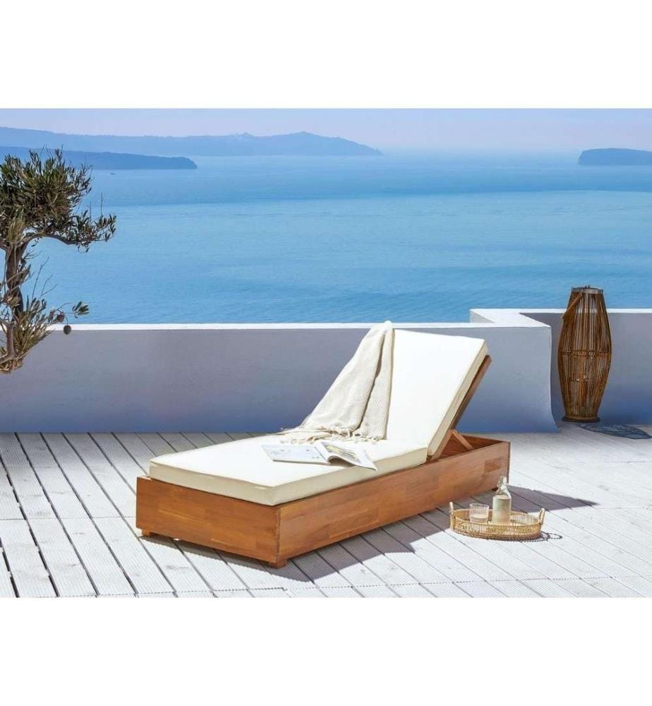 Bain de Soleil en Bois Acacia Clair avec Coussins Blancs Transat Extérieur Dossier Réglable Inclinable