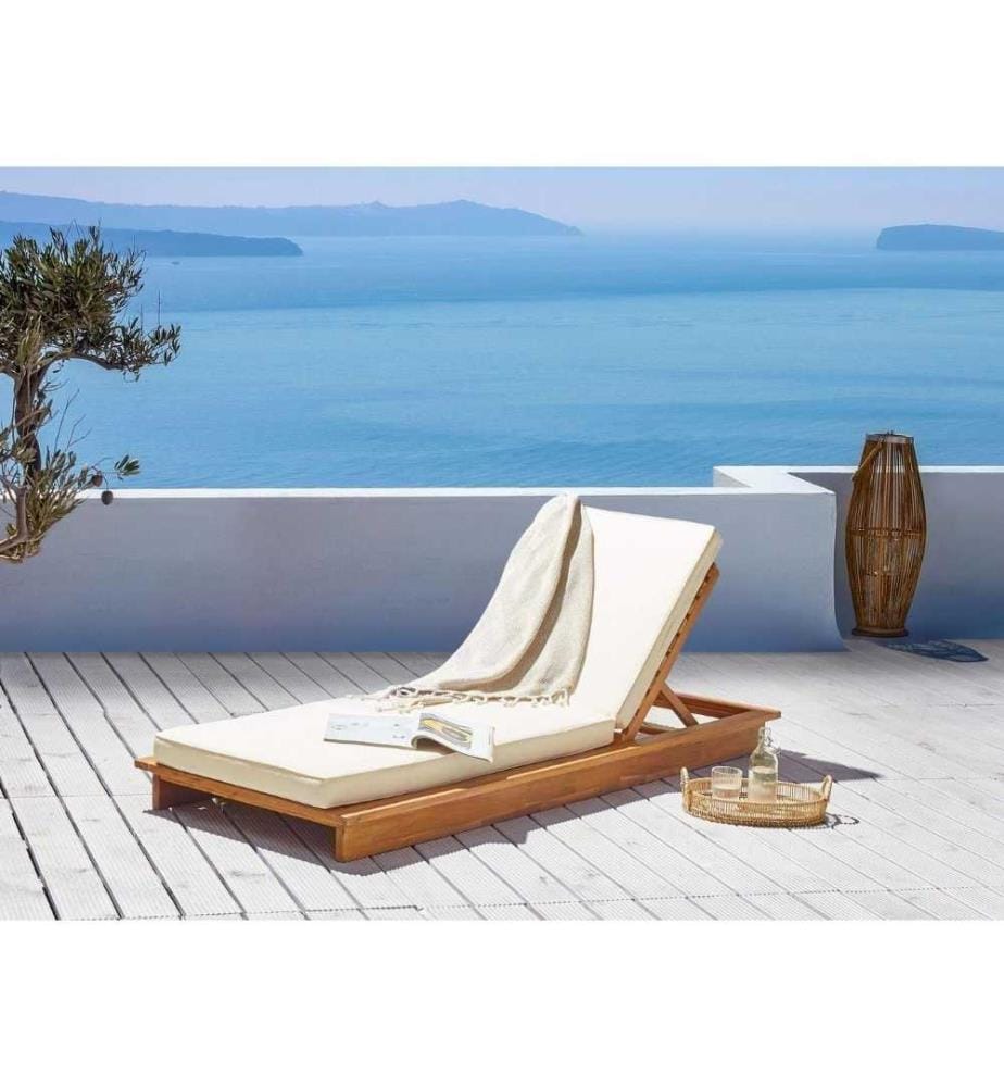 Chaise Longue Basse en Bois Acacia Clair avec Coussins Blancs Transat Jardin Extérieur Dossier Réglable Inclinable