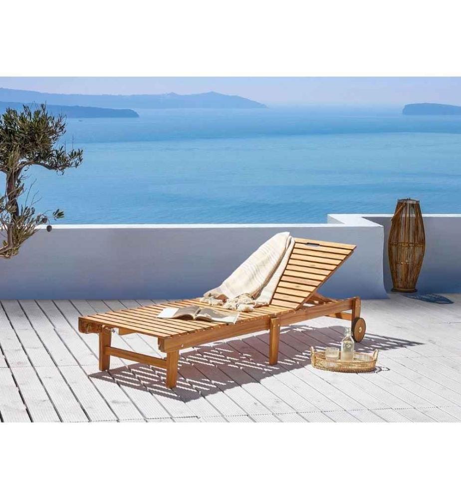Chaise Longue en Bois Acacia Clair Transat Extérieur Pliable et Dossier Réglable Inclinable