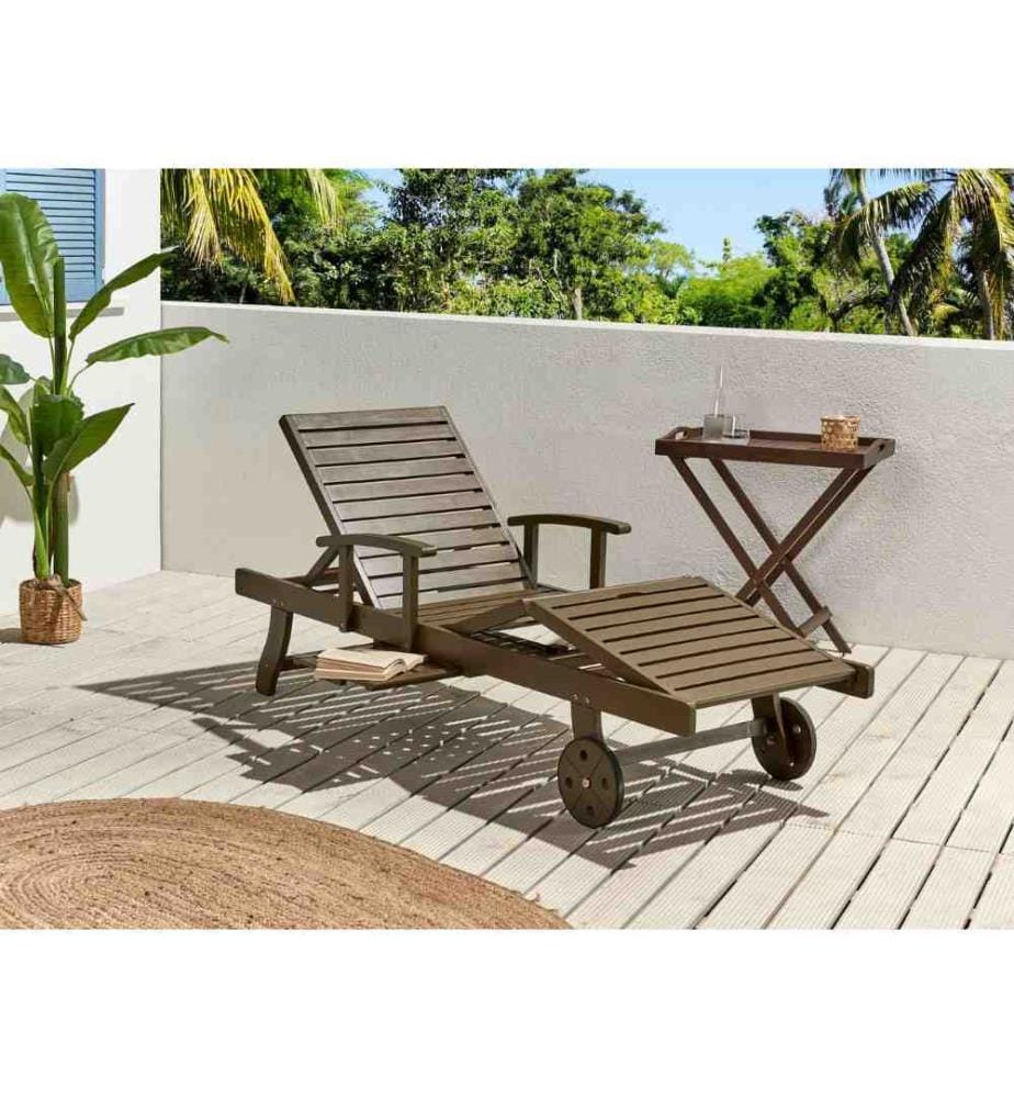 Chaise Longue en Bois d'Acacia Foncé Foncé Transat avec Roues et Siège Inclinable ou Terrasse Style Campagne Rustique