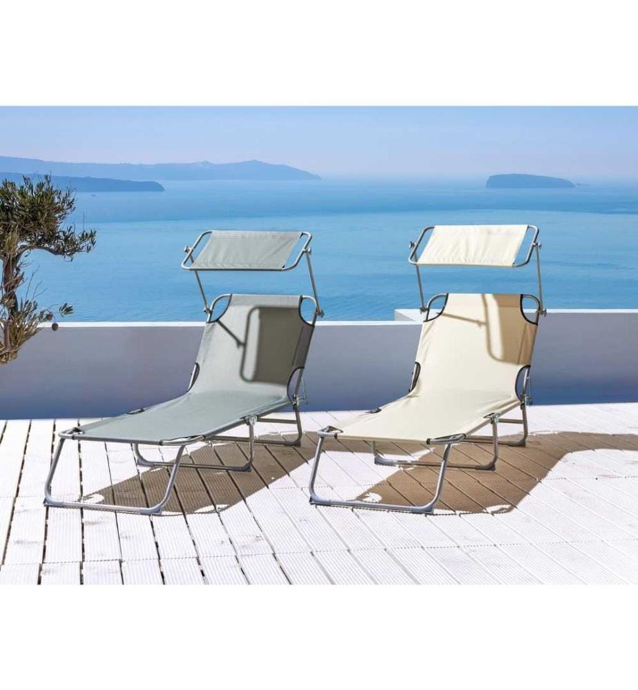 Transat de Jardin Bain de Soleil Pliant en Tissu Polyester Vert Clair et Acier avec Pare Soleil Pratique Idéal pour Terrasse ou Balcon