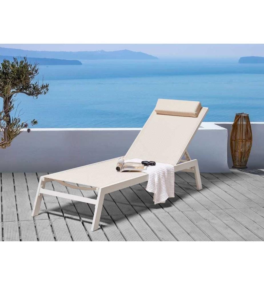 Chaise Longue Transat en Aluminium Blanc et Textile Gris avec Dossier Réglable Design Solide et Résistant pour Jardin ou Terrasse Moderne