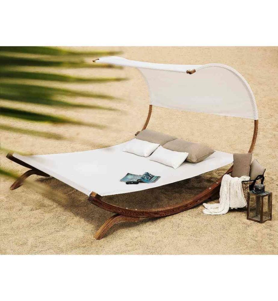 Lit Double de Jardin ou Terrasse en Bois de Larix et Textile Blanc Beige avec Capote Design Ultra Élégant et Confort Optimal