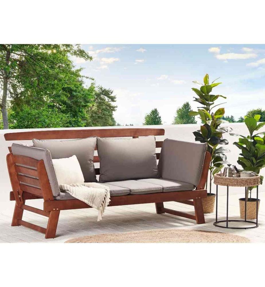 Canapé Banc de Jardin ou Terrasse en Bois Clair Résistant avec Accoudoirs Inclinables et Coussin Gris Assorti Design Pratique et Moderne