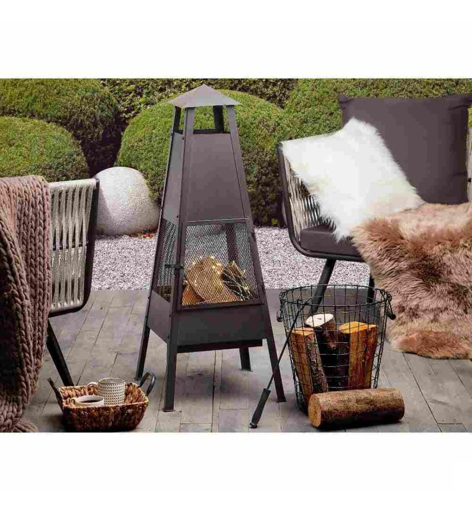 Cheminée de Jardin en Acier Noir 41 x 41 x 100 cm avec Accessoires, Braséro au Design Traditionnel et Minimaliste