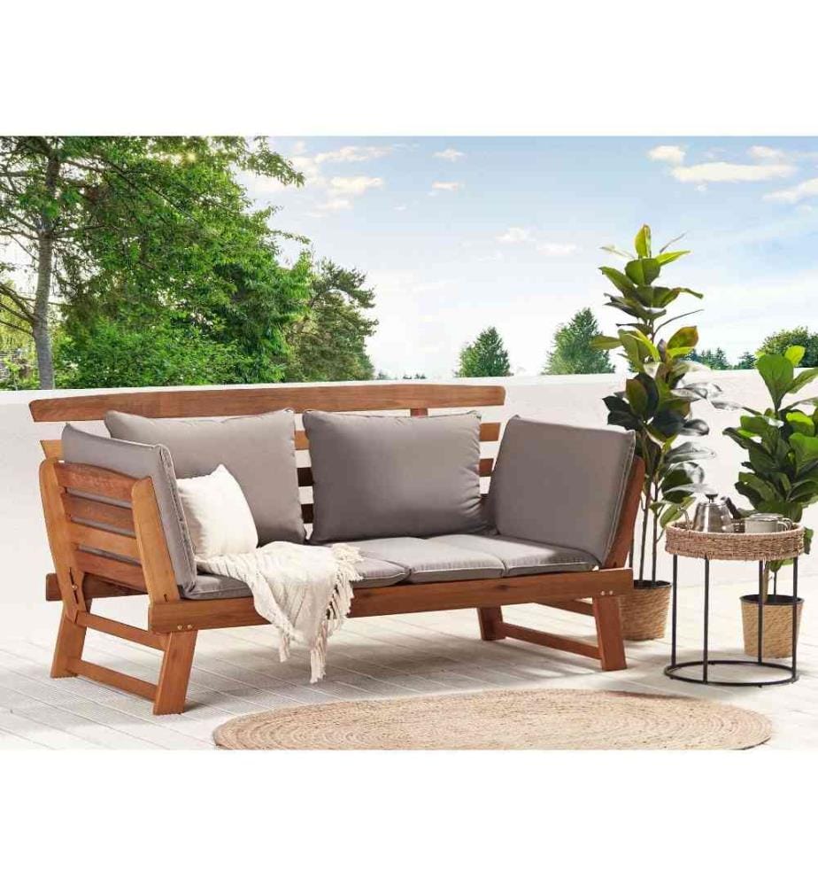 Canapé Banc de Jardin ou Terrasse en Bois Exotique Résistant avec Accoudoirs Inclinables et Coussin Gris Assorti Design Pratique et Moderne
