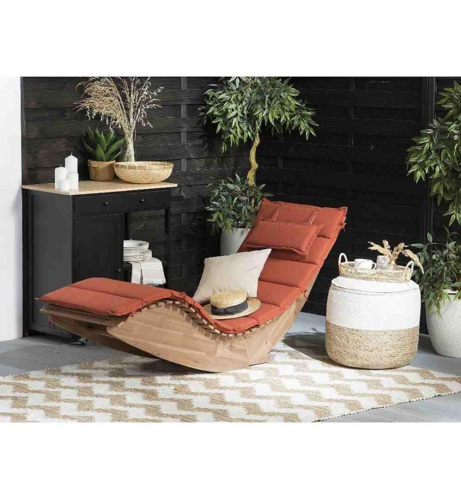 Bain de Soleil Chaise Longue de Jardin en Bois d'Acacia avec Coussin Rouge Matières Résitantes et Fonction Bascule Design Moderne