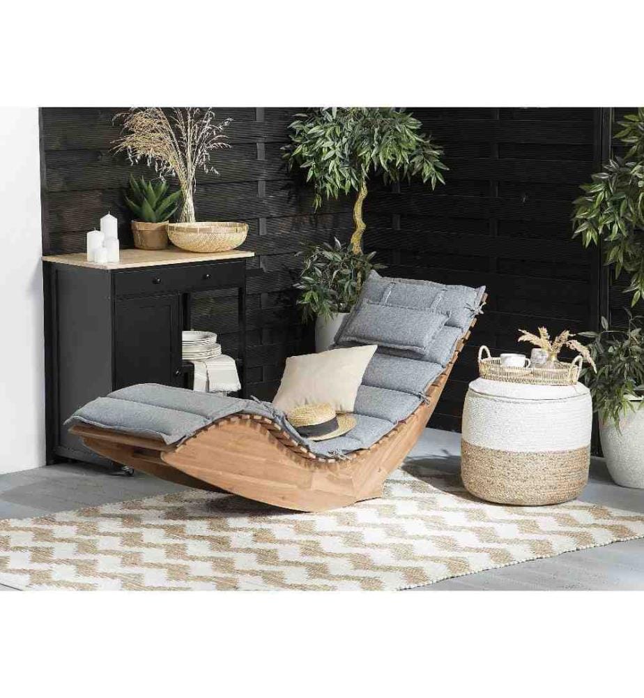 Bain de Soleil Chaise Longue de Jardin en Bois d'Acacia avec Coussin Gris Matières Résitantes et Fonction Bascule Design Moderne