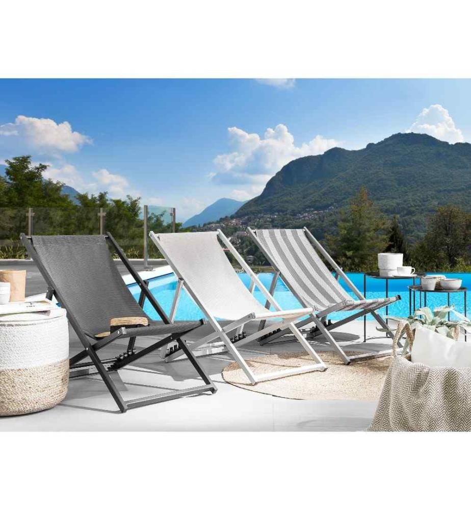 Transat de Plage Jardin ou Terrasse Pliable en Aluminium Blanc et Textile Beige Clair Résistant et Durable Design Léger Intemporel et Moderne