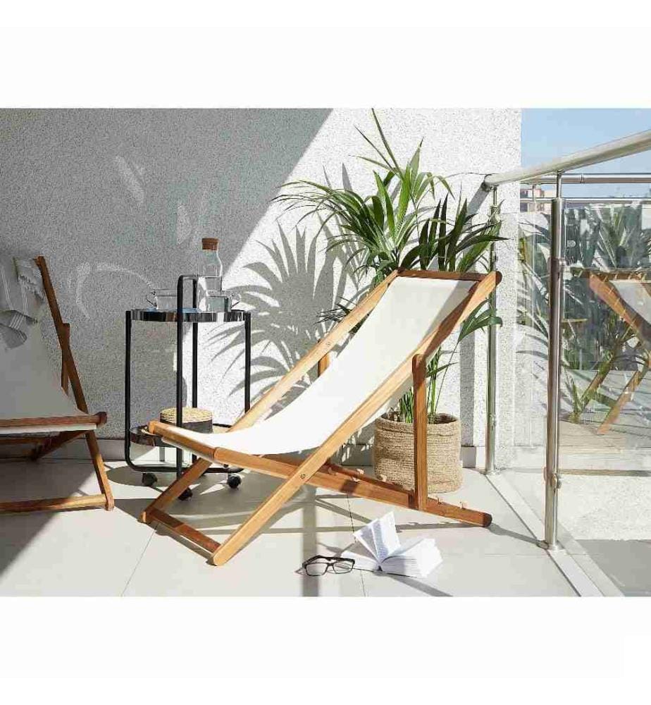 Transat Chaise Chilienne Pliante et Réglable en Bois d'Acacia Clair et Textile Beige Design Résistant et Léger Intemporel et Moderne