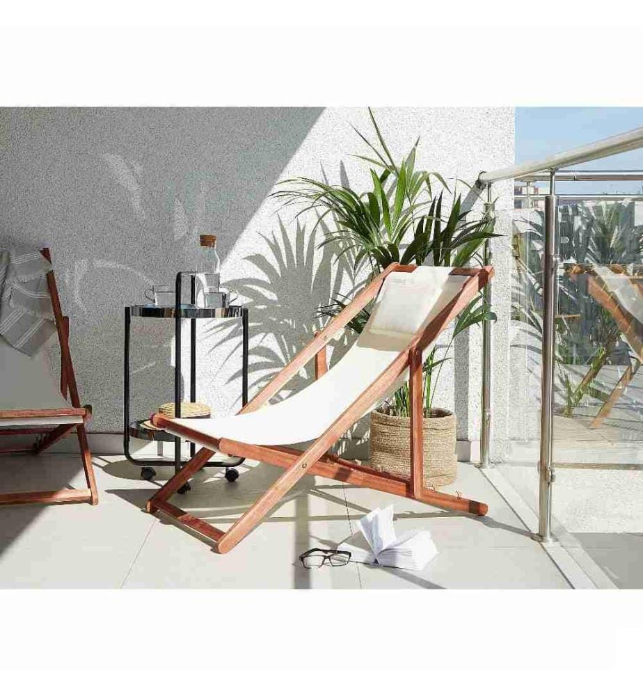 Transat de Plage Chaise Chilienne Pliante en Bois d'Acacia et Textile Beige avec Appui-tête Design Résistant et Léger Intemporel et Moderne