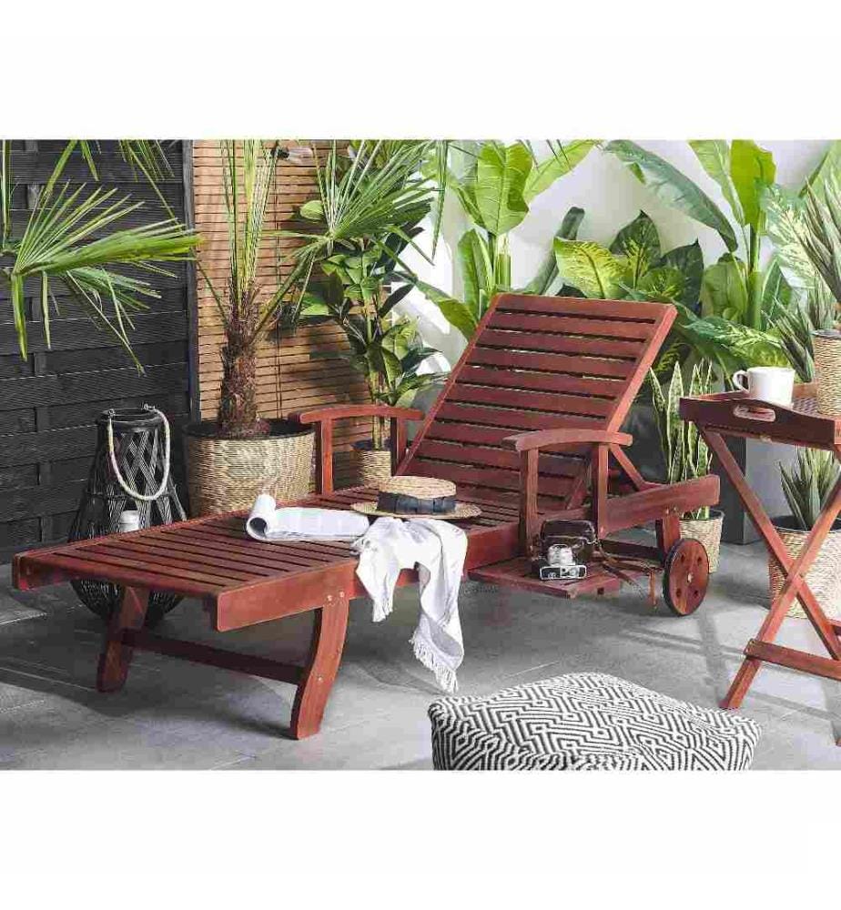 Chaise Longue Transat Inclinable en Bois d'Acacia Foncé Design Solide et Résistant pour Jardin ou Terrasse au Style Méditerranéen