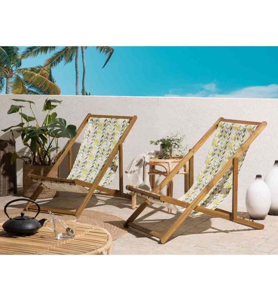 2 Transats Chaises Chiliennes Pliantes et Réglables en Bois d'Acacia Clair et Tissu Jaune et Gris Résistant et Léger Intemporels et Modernes