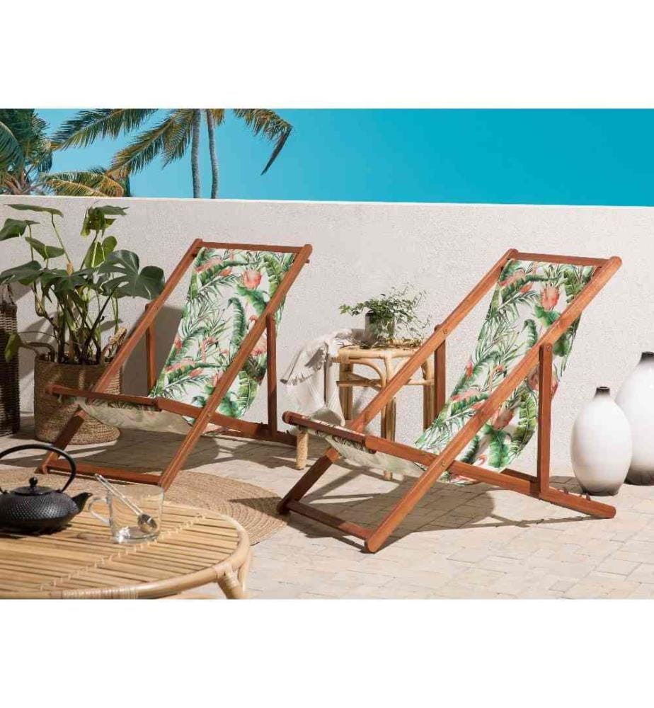 2 Transats Chaises Chiliennes Pliantes et Réglables en Bois d'Acacia Foncé et Textile Vert Design Résistant et Léger Intemporels et Modernes