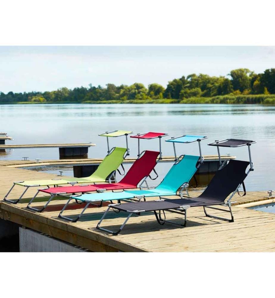 Transat de Jardin Bain de Soleil Pliant en Tissu Polyester Vert Clair et Acier avec Pare Soleil Pratique Idéal pour Terrasse ou Balcon