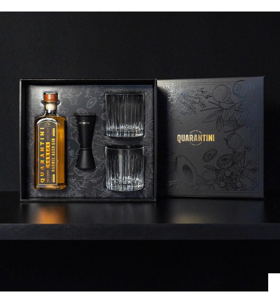 Quarantini Social Barrel Aged Gin, Lot de 2 verres et 1 jigger - 50 cl
