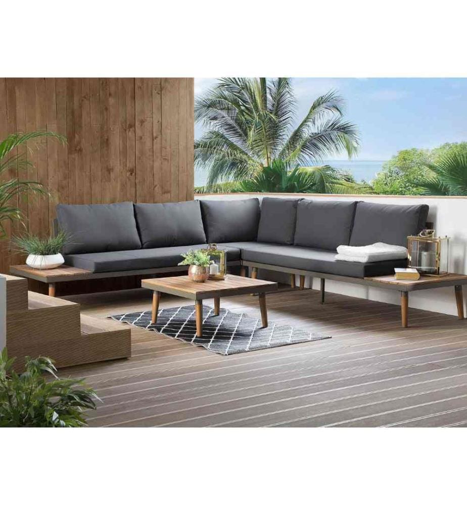 Ensemble de Jardin ou Terrasse Table Basse et Canapé d'Angle Modulable en Bois d'Acacia avec Coussins Gris Foncés Style Ultra Moderne