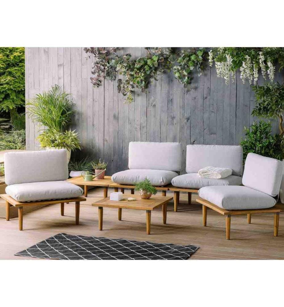 Set de Jardin ou Terrasse 4 Places 1 Table d'Appoint et 4 Fauteuils en Bois d'Acacia avec Coussins Gris Design Durable et Style Contemporain