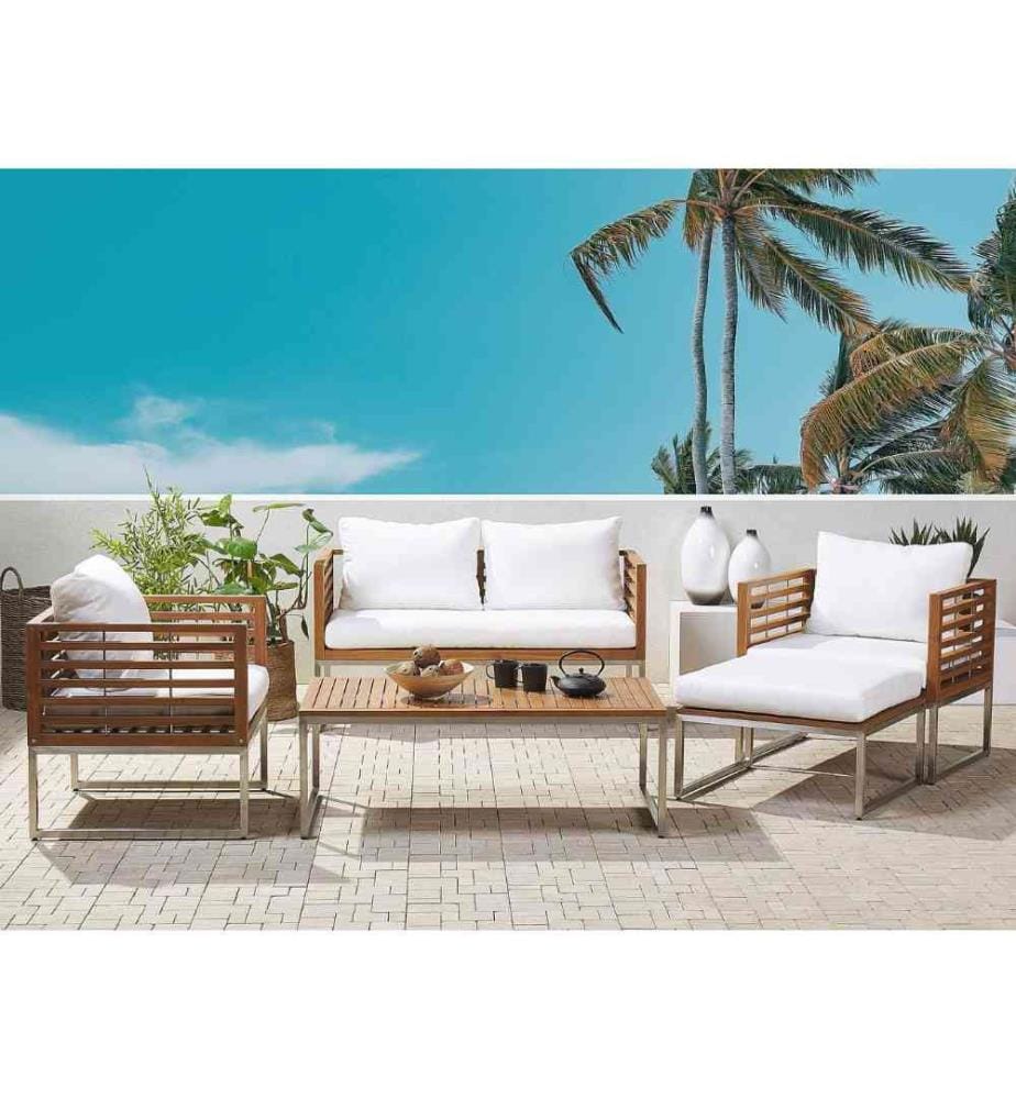 Salon de Jardin ou Terrasse Table Basse 2 Fauteuils et Canapé en Bois d'Acacia et Acier Inox avec Coussins Blancs Résistant Durable et Élégant