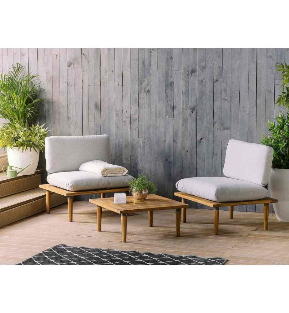 Set de Jardin ou Terrasse 2 Places 1 Table d'Appoint et 2 Fauteuils en Bois d'Acacia avec Coussins Gris Design Durable et Style Contemporain