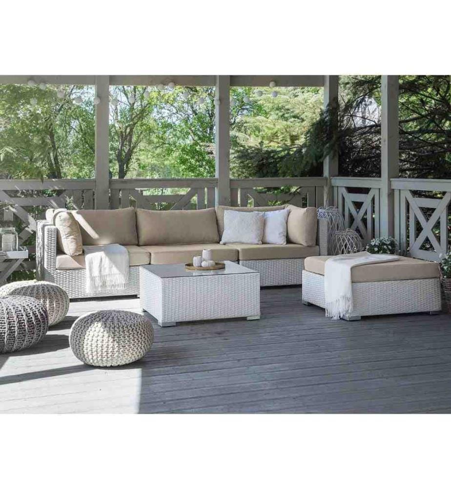 Salon de Jardin en Rotin Blanc avec Coussins Blancs Inclus Canapé d'Angle Confortable et Table Basse Assortie Idéal pour Terrasse Moderne