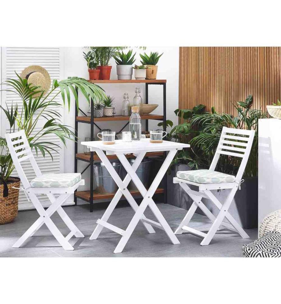 Set de Bistro ou Salon de Jardin composé d'une Petite Table et de 2 Chaises Pliables en Bois d'Accacia Blanc avec Coussins d'Assise Verts