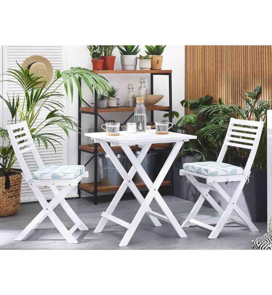 Set de Bistro ou Salon de Jardin composé d'une Petite Table et de 2 Chaises Pliables en Bois d'Accacia Blanc avec Coussins d'Assise Bleus