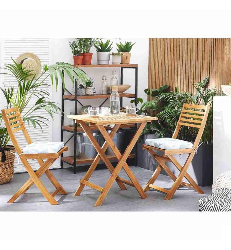 Set de Bistro ou Salon de Jardin composé d'une Petite Table et de 2 Chaises Pliables en Bois d'Accacia avec Coussins d'Assise Bleus et Blancs