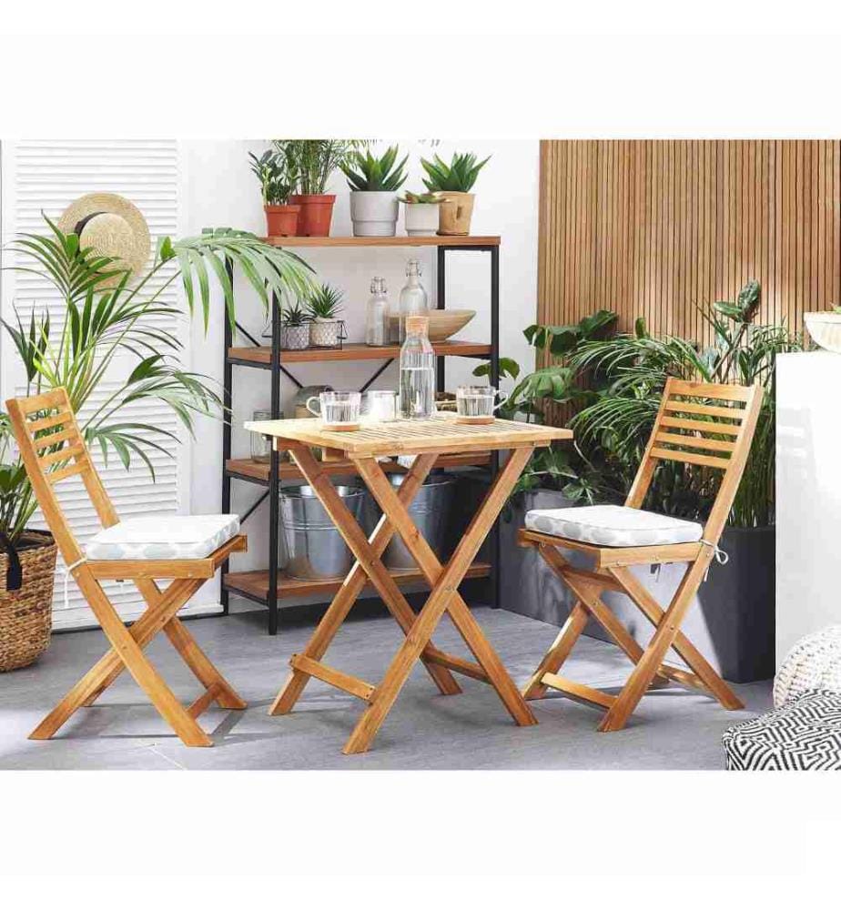 Set de Bistro ou Salon de Jardin composé d'une Petite Table et de 2 Chaises Pliables en Bois d'Accacia avec Coussins d'Assise Verts et Blancs