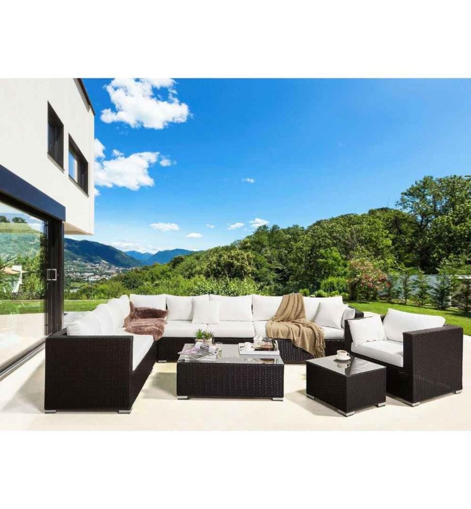 Grand Salon de Jardin 8 Places en Rotin Marron avec Coussins Beiges Fauteuil Canapé d'Angle et 2 Tables Basses Assorties Design Moderne