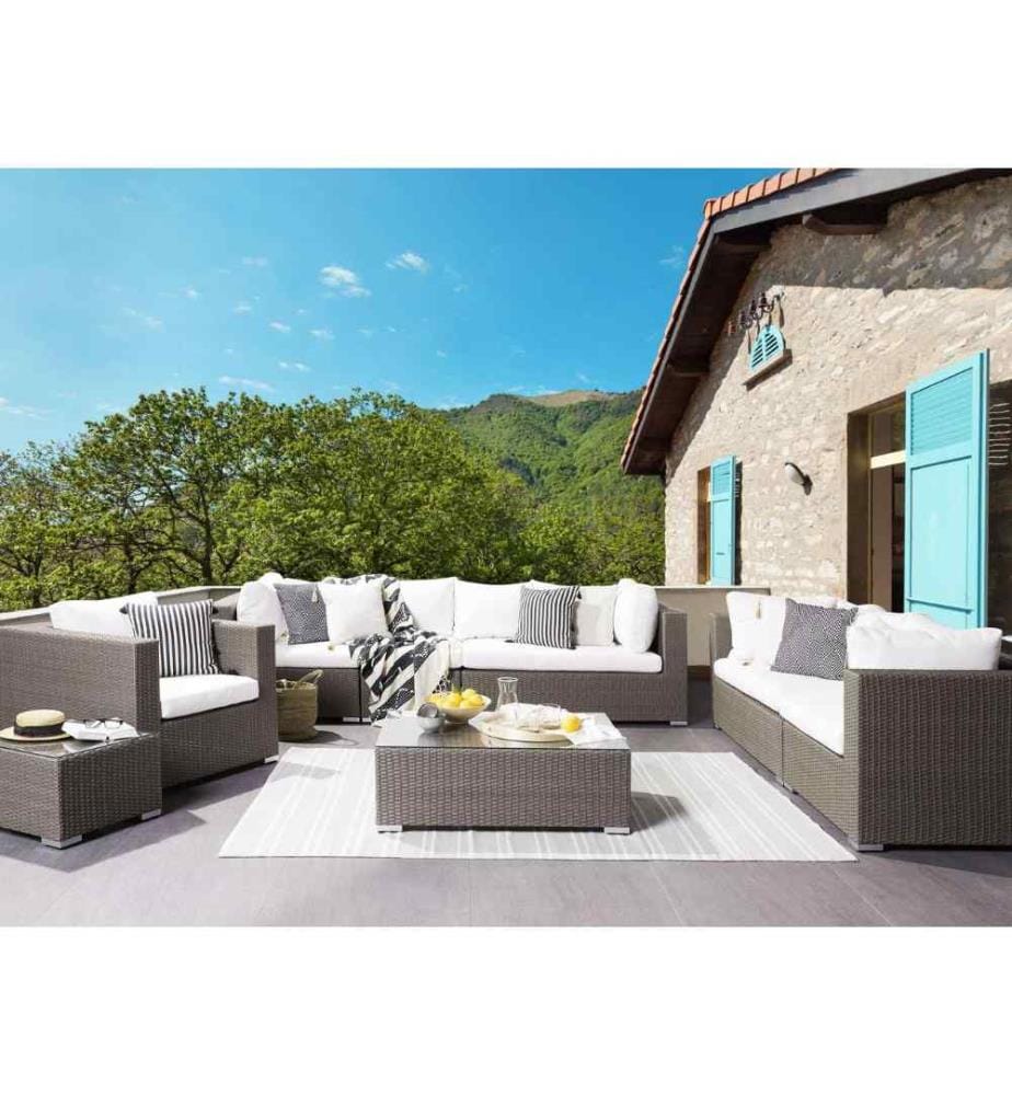 Salon de Jardin Ensemble 2 Canapés Fauteuil et 2 Tables Basses en Rotin Gris Beige avec Coussins en Tissu Blanc Ultra Elégant pour Terrasse
