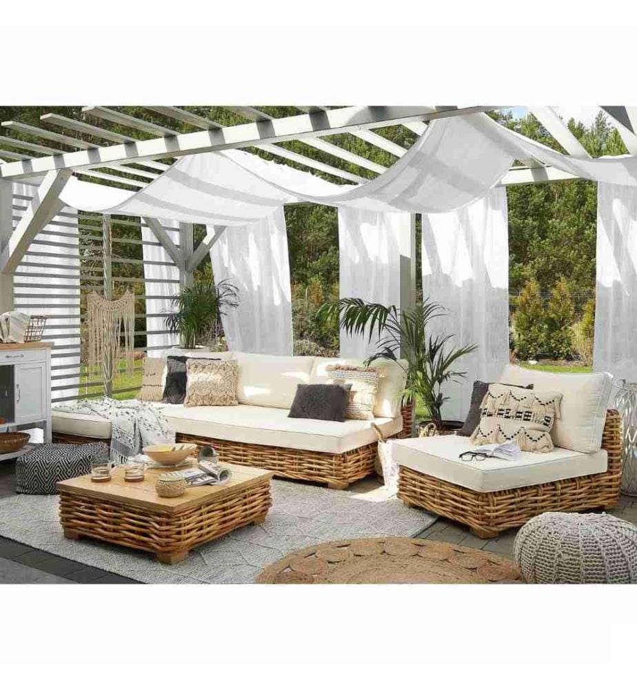 Meuble de jardin Canapé d'angle 3 places en rotin Fauteuil marron avec coussins blancs confortables et table basse assortie pour la terrasse