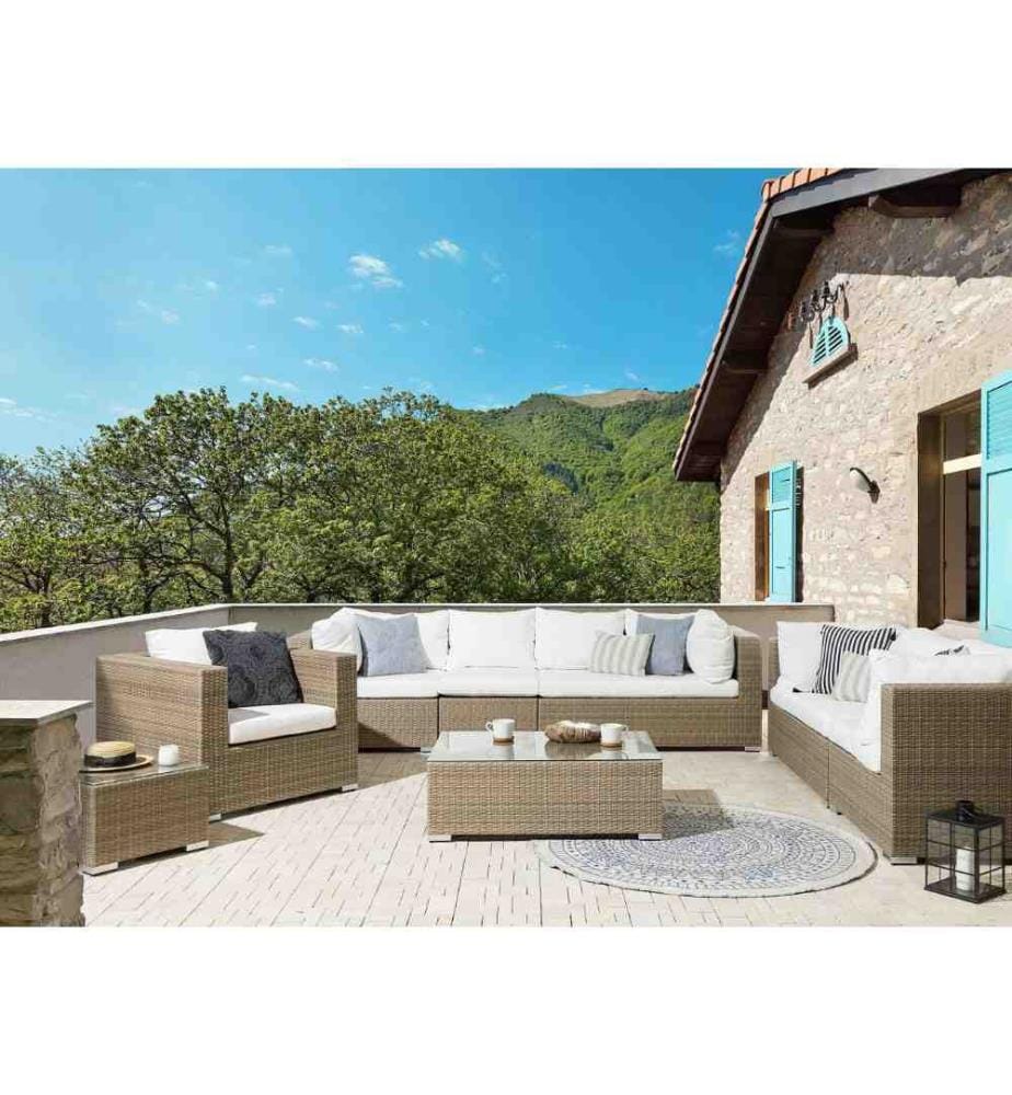 Salon de Jardin Ensemble 2 Canapés Fauteuil et 2 Tables Basses en Rotin Marron Clair avec Coussins en Tissu Blanc Ultra Elégant pour Terrasse