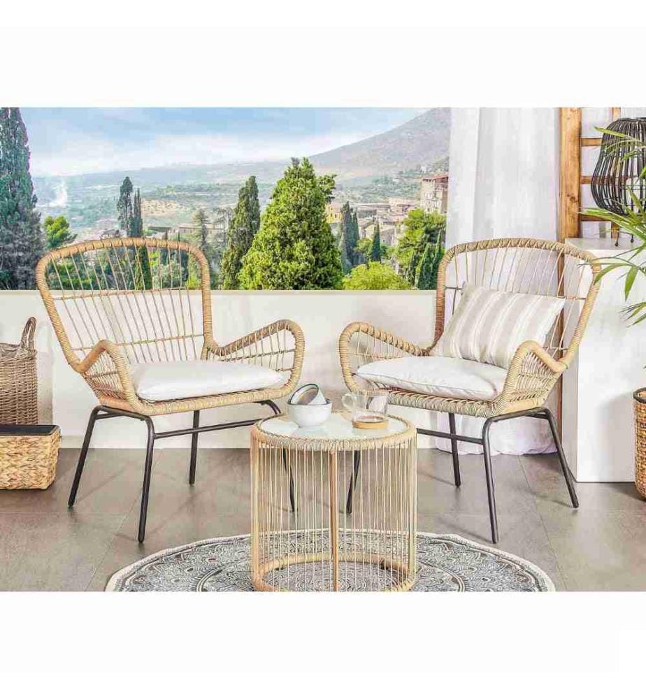 Petit Salon de Jardin 2 Personnes en Rotin avec Coussins Gris Clair Résistant aux Rayons UV pour Terrasse ou Balcon Scandinave et Boho