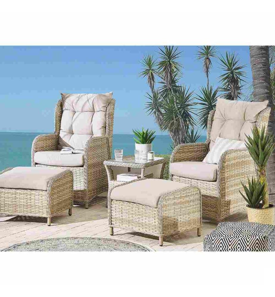 Salon de Jardin ou Terrasse 2 Places 2 Fauteuils Inclinables avec Repose-pieds et Table d'Appoint en Rotin Beige au Style Boho et rustique