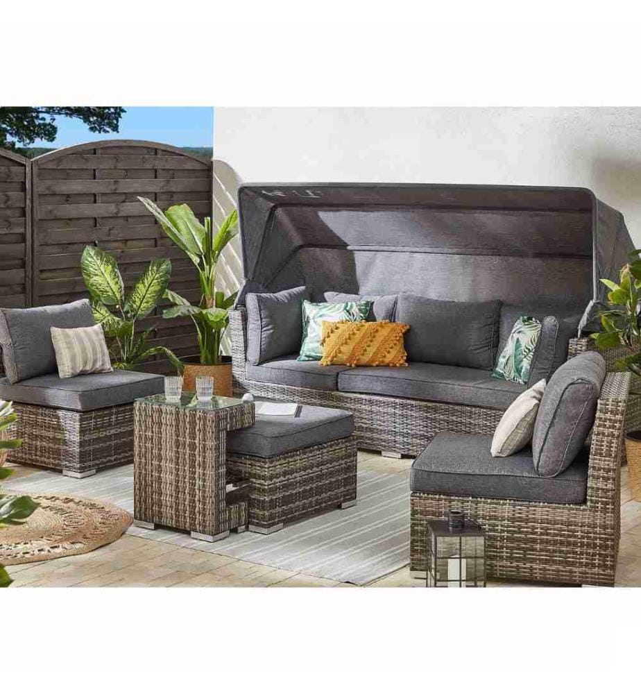 Salon de Jardin Modulable Divan Lounge Canapé avec Toit Pare-soleil 2 Fauteuils et Pouf Ottoman en Rotin PE Marron avec Coussins Gris Inclus