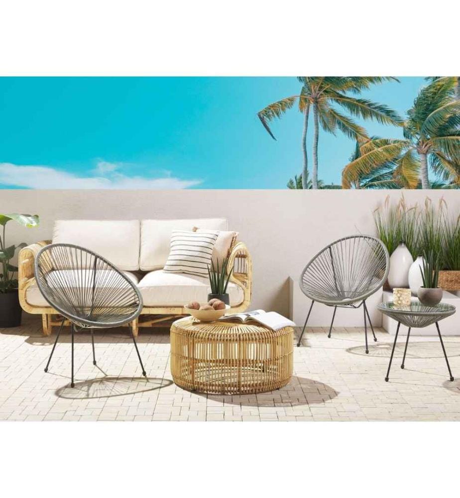 Set de Salon ou Jardin 2 Chaises Fauteuils Type Spaghetti et Petite Table Basse en Rotin PE Gris Foncé et Acier Noir Design Industriel Moderne