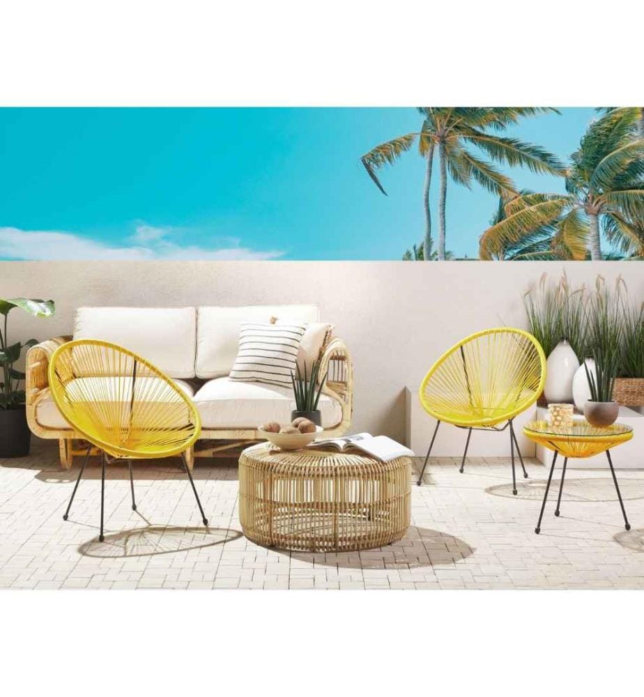 Set de Salon ou Jardin 2 Chaises Fauteuils Type Spaghetti et Petite Table Basse en Rotin PE Jaune et Acier Noir Design Industriel Moderne