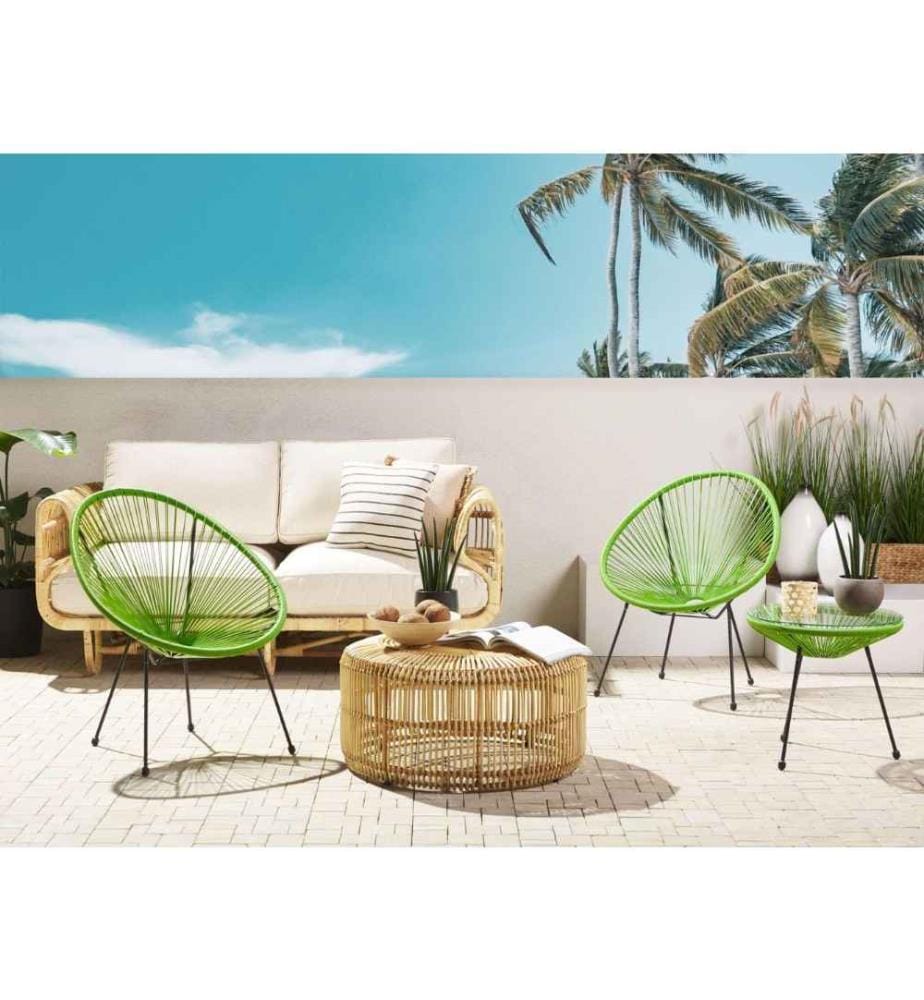 Set de Salon ou Jardin 2 Chaises Fauteuils Type Spaghetti et Petite Table Basse en Rotin PE Vert et Acier Noir Design Industriel Moderne
