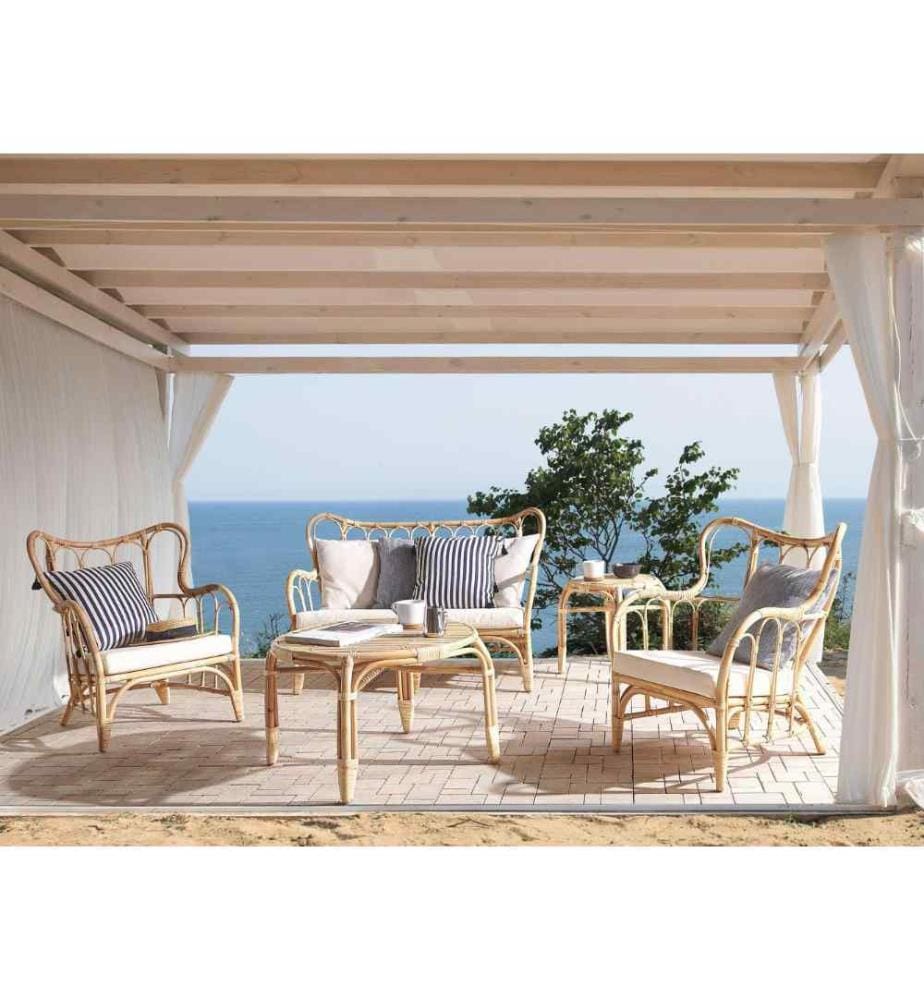 Salon de Jardin 2 Chaises Fauteuils Table Basse Bout de Canapé et Banquette en Rotin Naturel pour Extérieur au Style Boho et Rustique