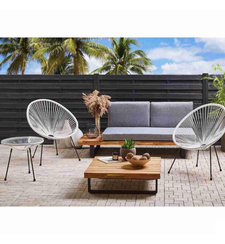 Ensemble de Salon ou Jardin 2 Chaises Fauteuils Type Spaghetti et Petite Table Basse en Rotin PE Blanc et Acier Design Industriel Tendance