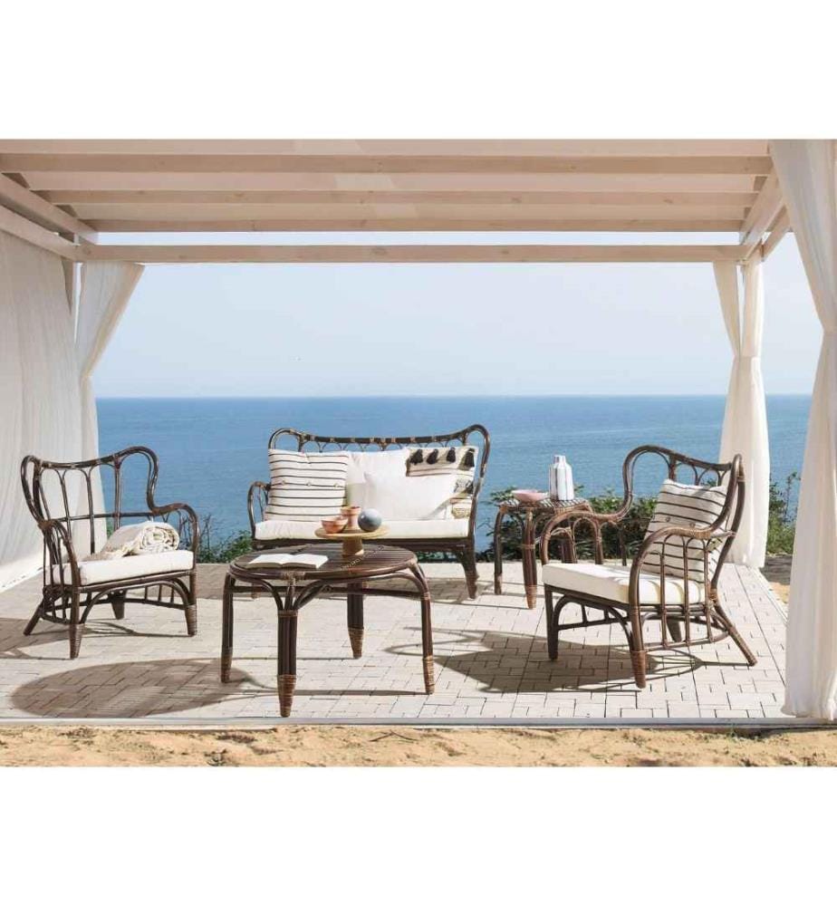 Ensemble Canapé de Jardin Beige Marron Foncé Rotin 2 Tables 2 Fauteuils Canapé Intérieur Extérieur Coussins Beige Boho