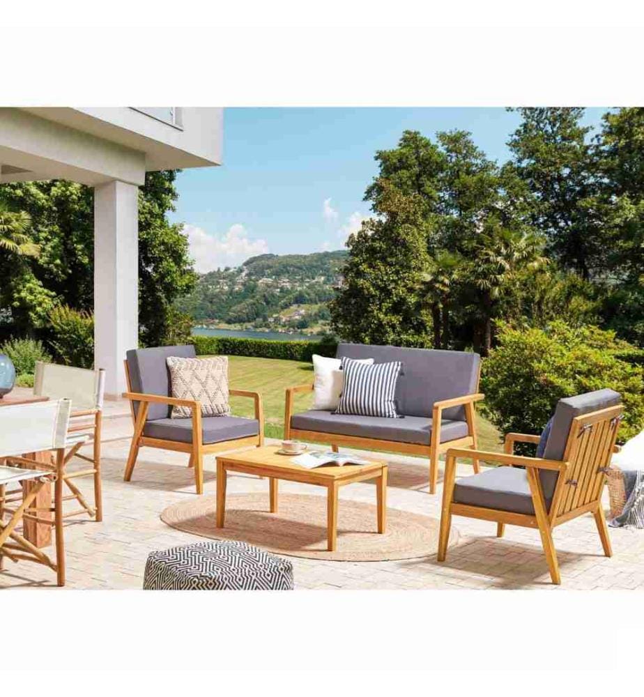 Salon de Jardin Bois Clair et Gris en Bois d'Acacia Banquette 2 Fauteuils et Table Basse avec Housses Amovibles Mobilier Elégant et Pratique