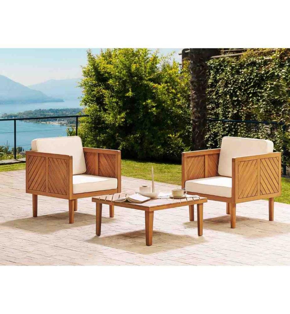 Fauteuils de Jardin Blancs en Bois d'Acacia avec Table Basse et Coussin Taie Déhoussable Lavable Style Moderne Lot de 2