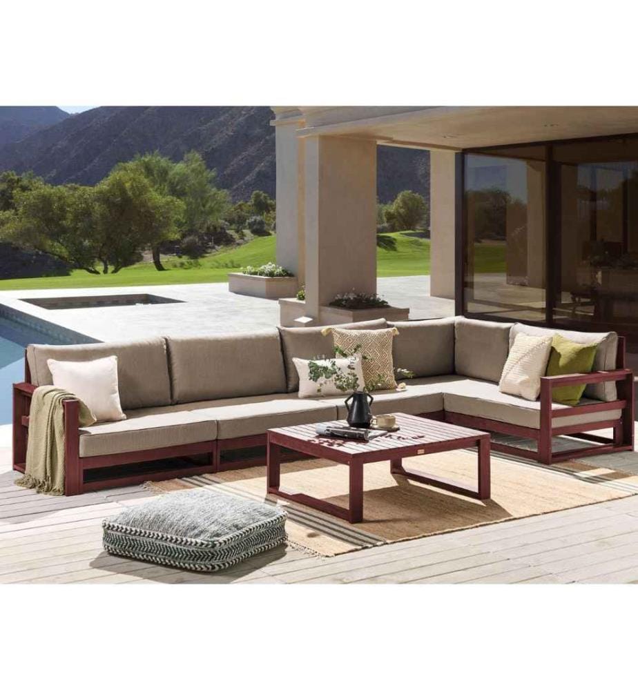 Salon de Jardin Acajou et Taupe en Bois d'Acacia Table Basse et Canapé d'Angle Confort d'Assise Optimal avec Coussins