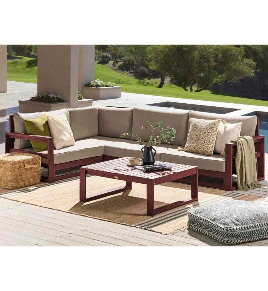 Salon de Jardin Acajou et Taupe en Bois d'Acacia Table Basse et Canapé d'Angle Confort d'Assise Optimal avec Coussins
